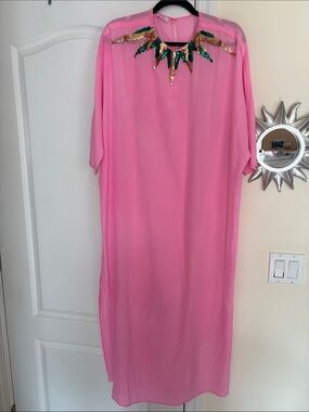 SOIRÉE Ladies Pink Kaftcan Gold Green Sequin Neckline Dress